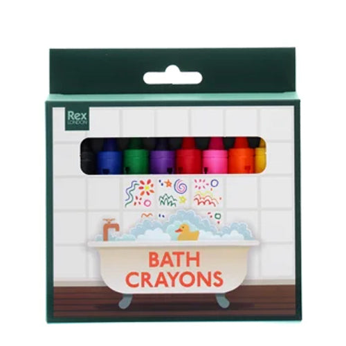 Pack of bath crayons with colorful packaging featuring a bathtub and rubber duck illustration.