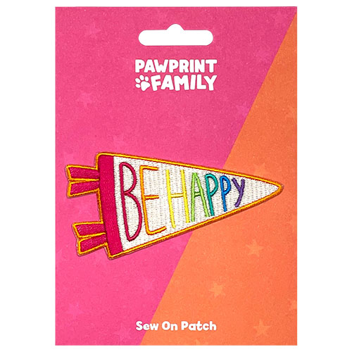 Rainbow coloured Be Happy pennant patch on a pink and orange backing card Pawprint Family Whirligig Toys