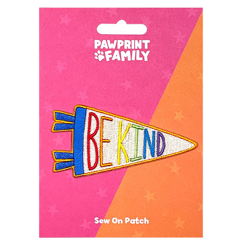 Rainbow coloured Be Kind pennant patch on a pink and orange backing card Pawprint Family Whirligig Toys