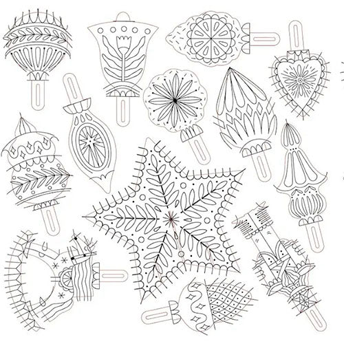 Collection of black line art designs on a white background