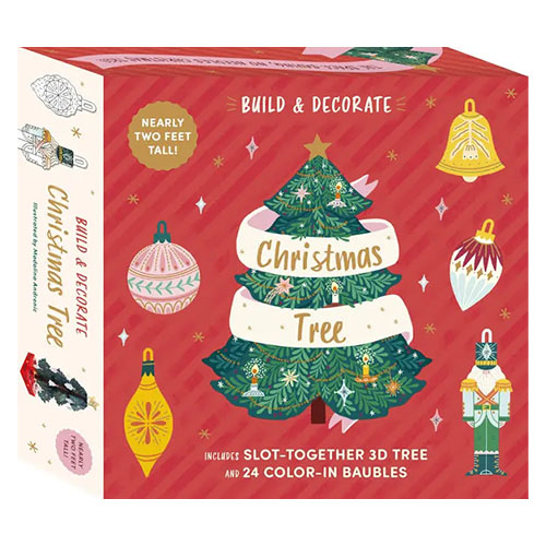 Box for a Christmas tree building and decorating set with festive design and text.