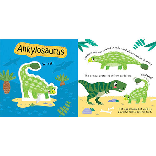 Children's book about Ankylosaurus with illustrations and text on a white background
