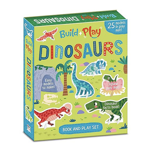 Box of 'Build and Play Dinosaurs' set with colorful dinosaur illustrations on a white background
