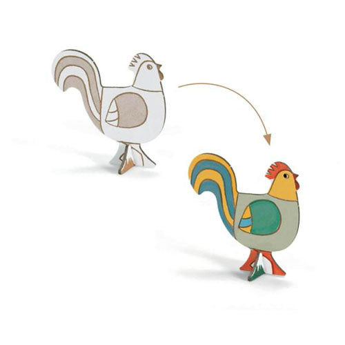 Two colorful rooster figurines on a white background