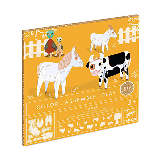 Box of farm-themed coloring and assembly play set with animals on a yellow background