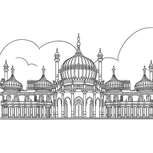 Black and white line drawing of a grand architectural structure with domes and intricate details Royal Pavilion Brighton Colouring Book Whirligig Toys