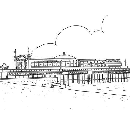 Black and white line drawing of Brighton pier with buildings and flags Colouring Book Whirligig Toys