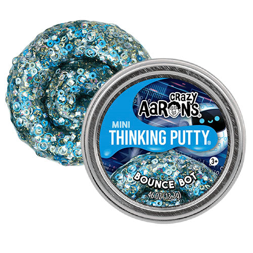 Crazy Aaron's Mini Bounce Bot Thinking Putty in a glittery blue and silver container on a white background Whirligig Toys