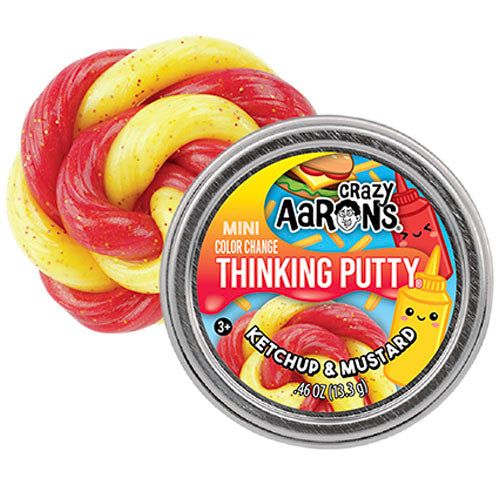 Crazy Aaron's Thinking Putty Ketchup and Mustard Mini Tin packaging on a white background Whirligig Toys