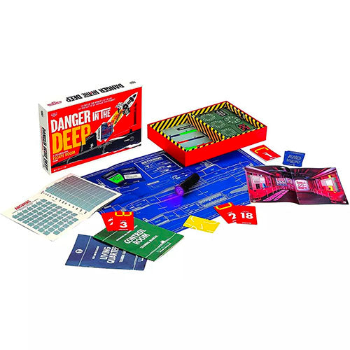 Board game components including a board, cards, and a box labeled 'Danger in the Deep' on a white background.