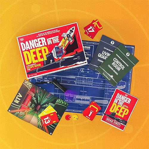 Escape room game components including a map and cards on a yellow background