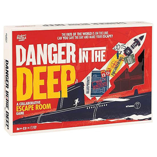 Box of 'Danger in the Deep' collaborative escape room game with submarine illustration Professor Puzzle Whirligig Toys