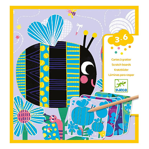 Scratch board set with a bee design and colorful packaging, featuring the brand DJECO.