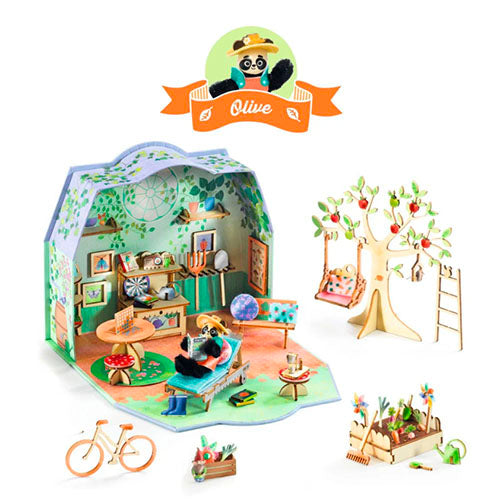 Djeco DIY playset with panda character, furniture, and accessories on a white background