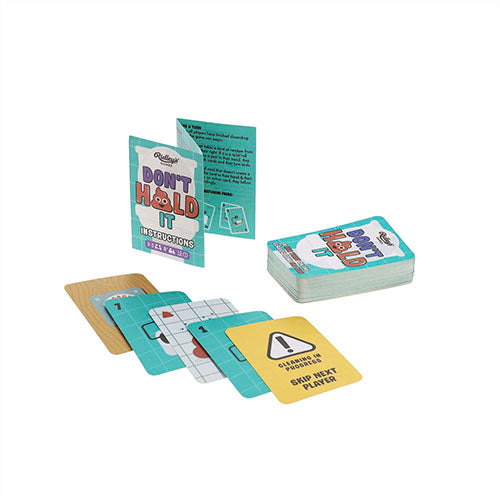 Card game contents for 'Don't Hold It' by Ridley's Games on a teal grid background