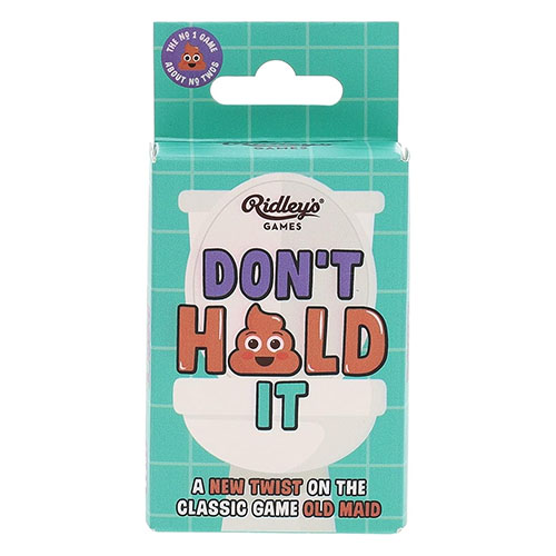 Card game packaging for 'Don't Hold It' by Ridley's Games on a teal grid background