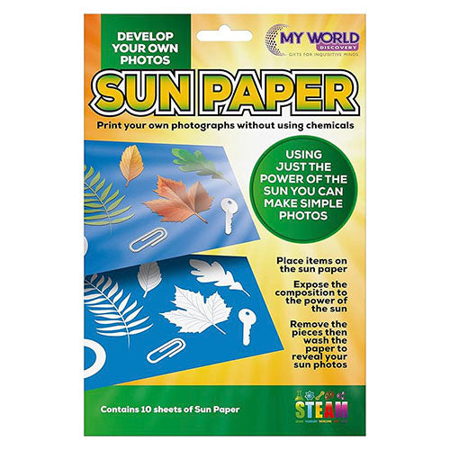 Sun paper package with leaf and key designs on a blue background, featuring text about using sunlight to print photos.