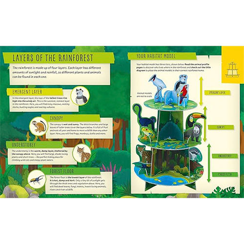 Educational book page about layers of the rainforest with illustrations and text.