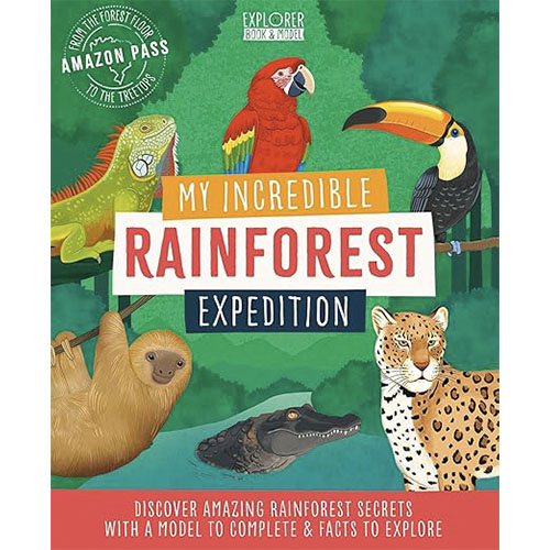 Book cover of 'My Incredible Rainforest Expedition' with illustrations of rainforest animals on a green background.