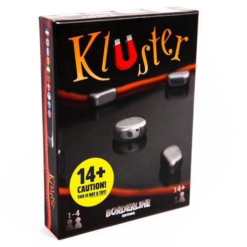 Box of 'Kluster' game by Borderline Editions with a warning label.