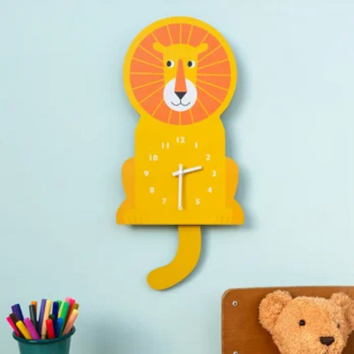 Children's wall clock shaped like a lion on a light blue background