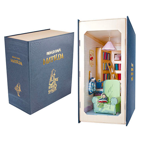Book-shaped box with a miniature model of a room inside, featuring 'Matilda' by Roald Dahl.