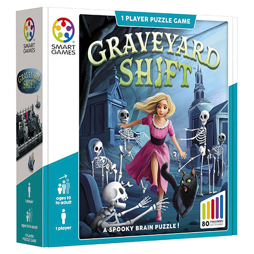 Smart Games Graveyard Shift Logic Puzzle Game Halloween Skeleton Single Player Game Packaging on White Background Whirligig Toys