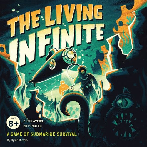 Board game cover titled 'The Living Infinite' from Chronicle Games with submarine and underwater scene illustration.