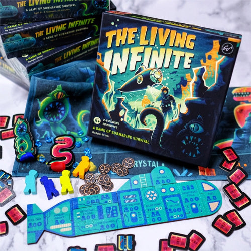 Board game cover titled 'The Living Infinite' from Chronicle Games with submarine and underwater scene illustration.