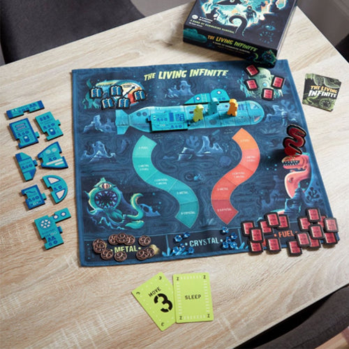 Board game cover titled 'The Living Infinite' from Chronicle Games with submarine and underwater scene illustration.