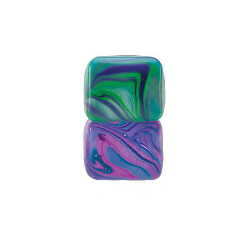 Two 'Nice Cube Swirl' in purple and green on a white background Needoh Whirligig Toys