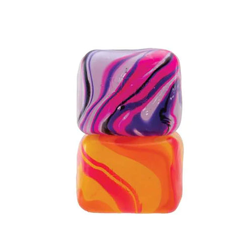 Two 'Nice Cube Swirl' in pink and orange on a white background Needoh Whirligig Toys