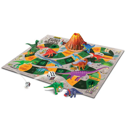 Dinosaur-themed board game with figures and a volcano on a white background