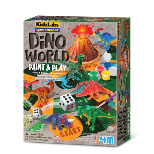 Box of Kidzlabs Dino World Paint & Play kit with colorful dinosaurs and volcano on a white background