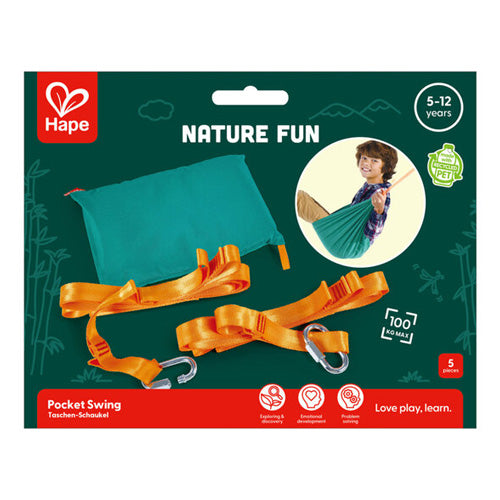 Hape Nature Fun pocket swing packaging with green background and product illustration.