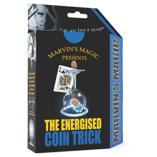 Marvin's Magic The Energiser coin trick packaging with a black background and colorful text.