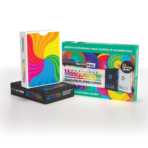 Marvin's Magic Quad-Fan Playing Cards packaging with colorful design on a white background