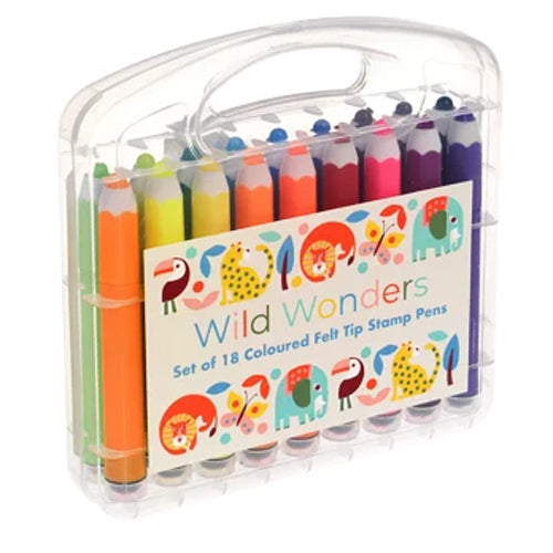 Set of 18 colored felt tip stamp pens in a clear case with a colorful label on a white background.