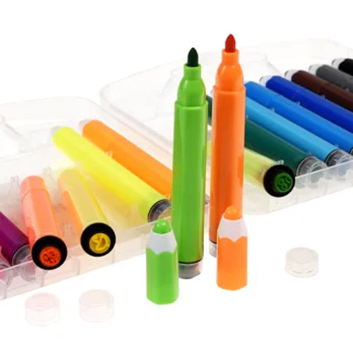 Set of colorful markers in a clear plastic case on a white background