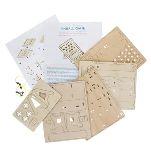 Pinball game kit with wooden boards, components, and instructions on a white background