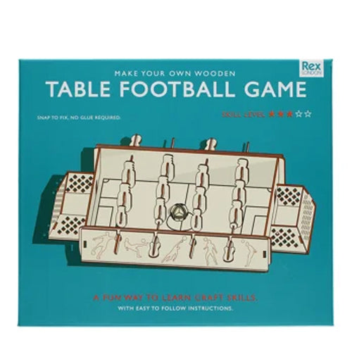 Box for 'Make Your Own Wooden Table Football Game' by Rex London with a blue background and table football illustration.